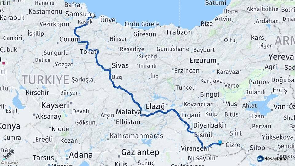 Mardin Midyat Samsun Arası Kaç Km - Yol Haritası