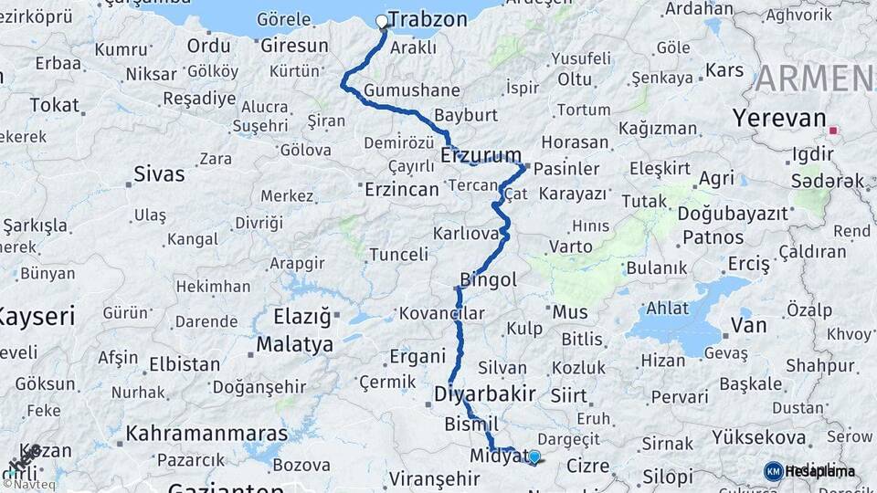 Mardin Midyat Trabzon Arası Kaç Km - Yol Haritası