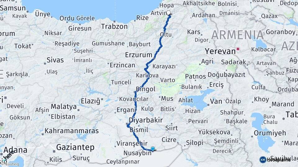 Mardin Nusaybin Artvin Arası Kaç Km - Yol Haritası