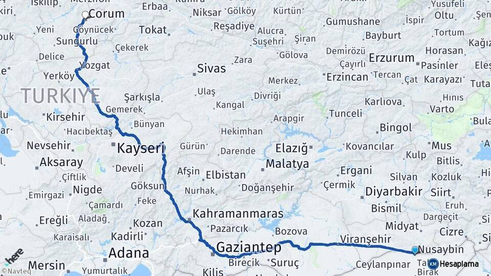 Mardin Nusaybin Çorum Arası Kaç Km - Yol Haritası