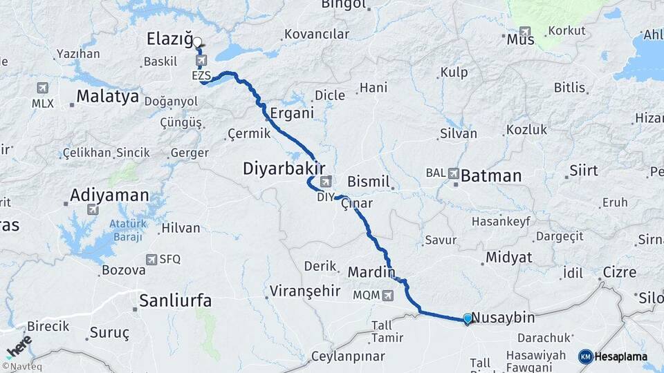 Mardin Nusaybin Elazığ Arası Kaç Km - Yol Haritası