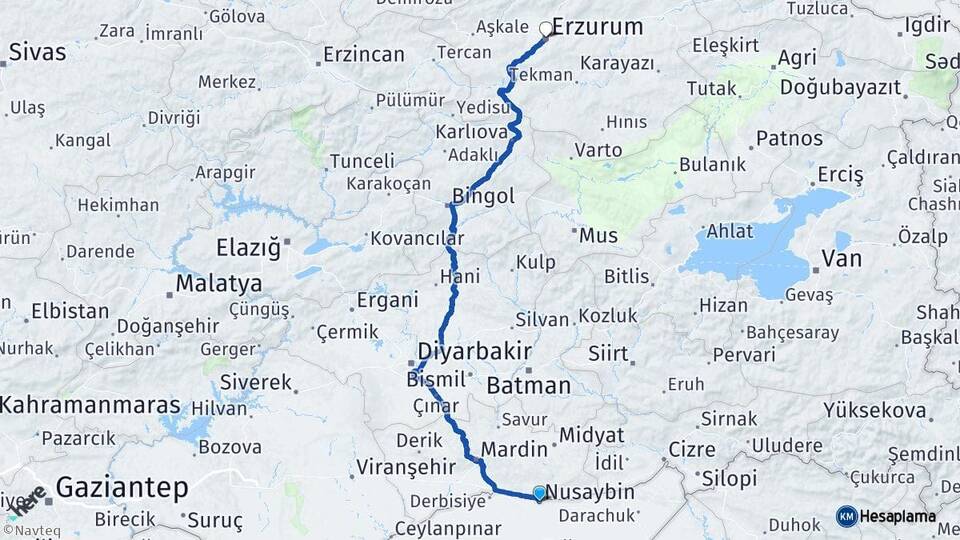 Mardin Nusaybin Erzurum Arası Kaç Km - Yol Haritası