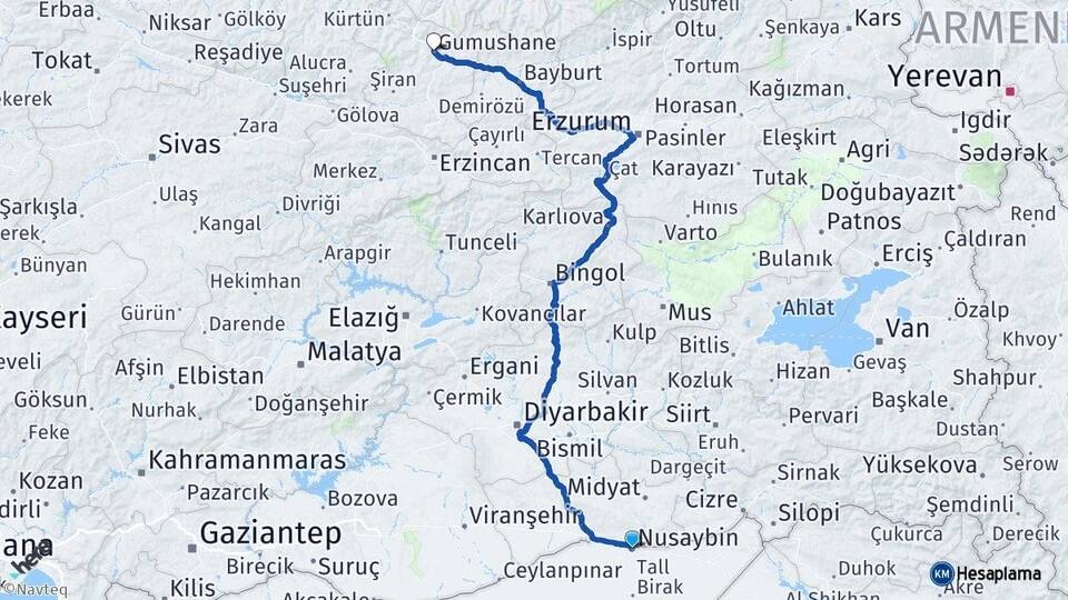 Mardin Nusaybin Gümüşhane Arası Kaç Km - Yol Haritası