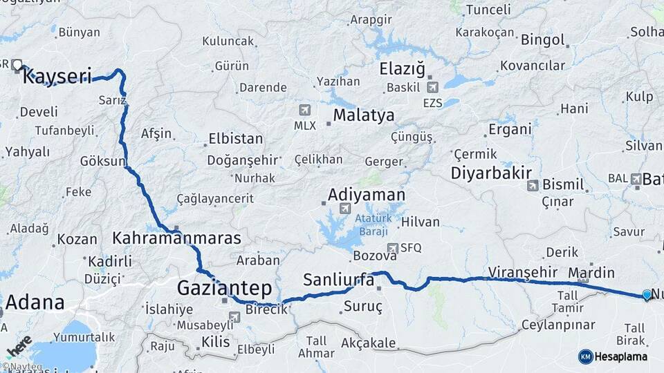 Mardin Nusaybin Kayseri Arası Kaç Km - Yol Haritası