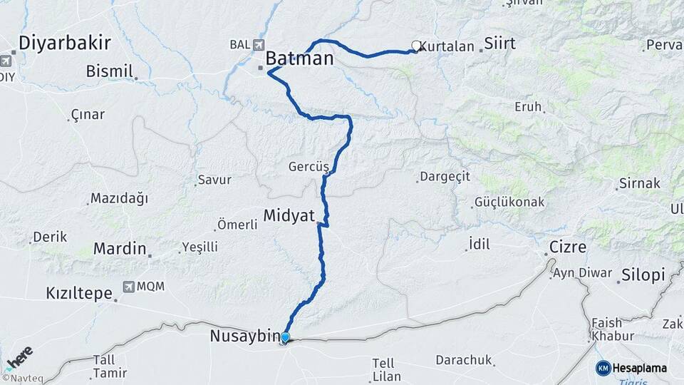 Mardin Nusaybin Kurtalan Siirt Arası Kaç Km - Yol Haritası