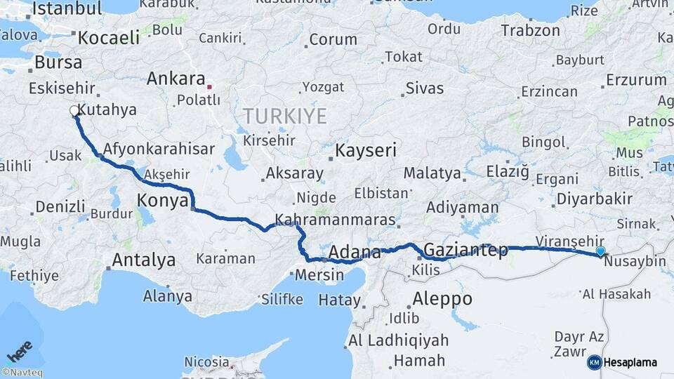 Mardin Nusaybin Kütahya Arası Kaç Km - Yol Haritası