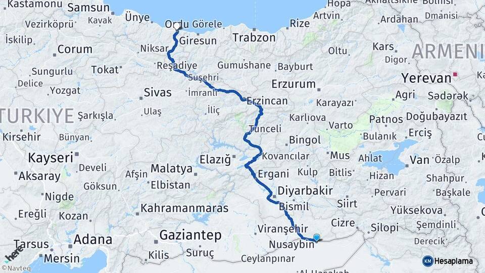 Mardin Nusaybin Ordu Arası Kaç Km - Yol Haritası