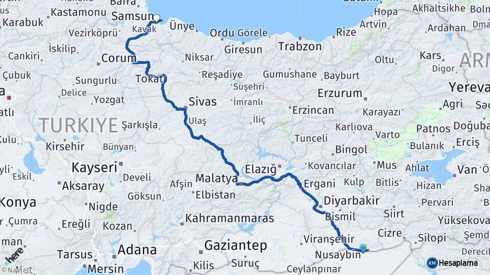 Mardin Nusaybin Samsun Arası Kaç Km - Yol Haritası