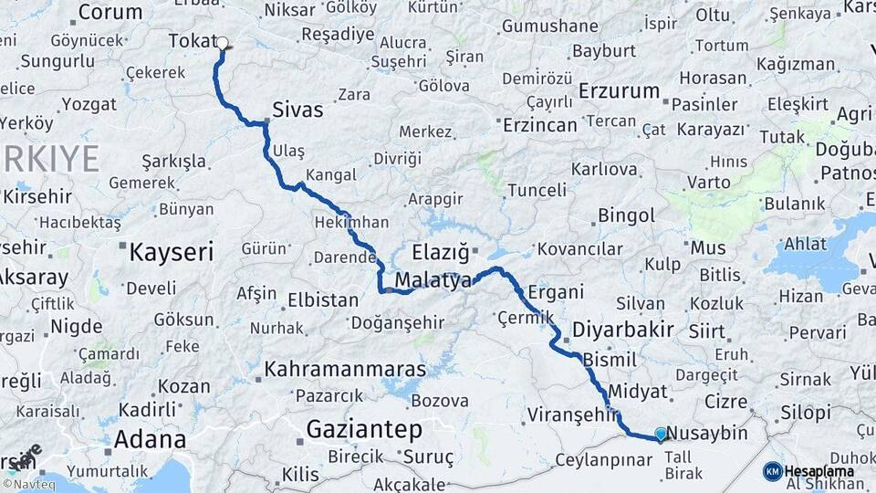 Mardin Nusaybin Tokat Arası Kaç Km - Yol Haritası