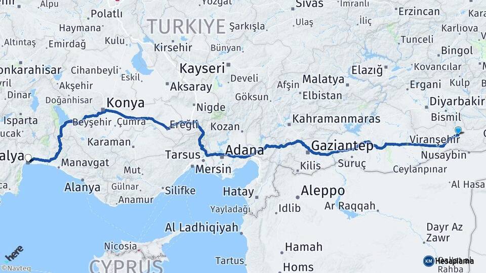 Mardin Ömerli Antalya Arası Kaç Km - Yol Haritası
