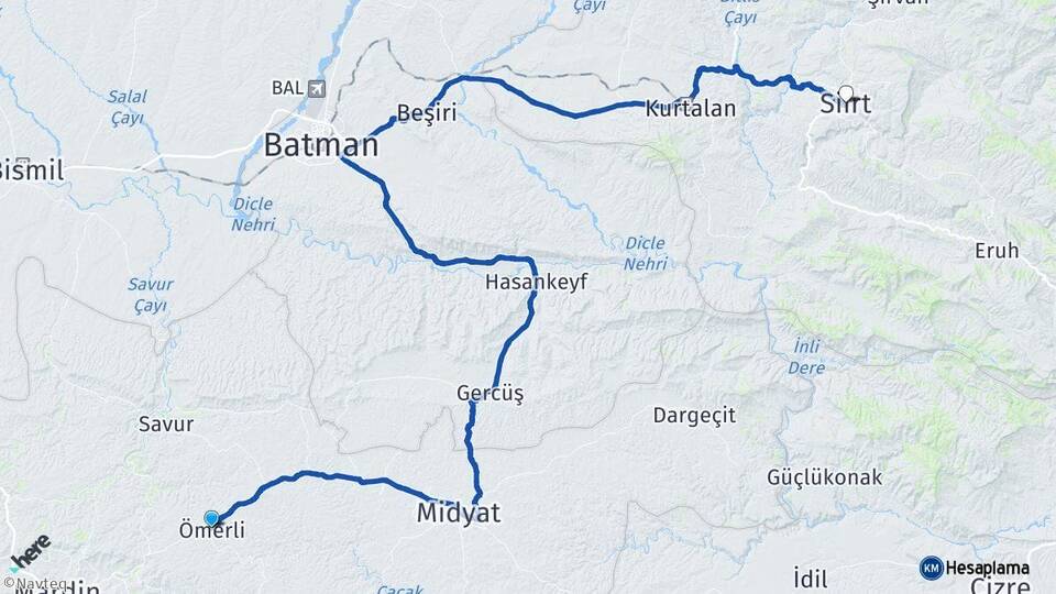 Mardin Ömerli Siirt Arası Kaç Km - Yol Haritası
