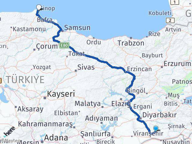 Mardin Ömerli Sinop Arası Kaç Km - Yol Haritası