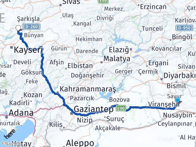 Mardin Özvatan Kayseri Arası Kaç Km - Yol Haritası