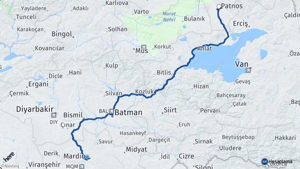 Mardin Patnos Ağrı Arası Kaç Km - Yol Haritası