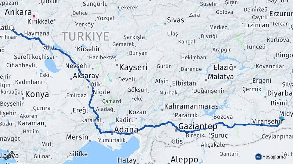 Mardin Polatlı Ankara Arası Kaç Km - Yol Haritası
