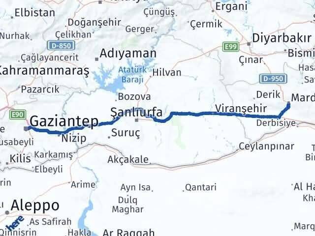 Mardin Şahinbey Gaziantep Arası Kaç Km - Yol Haritası