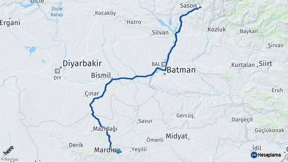 Mardin Sason Batman Arası Kaç Km - Yol Haritası