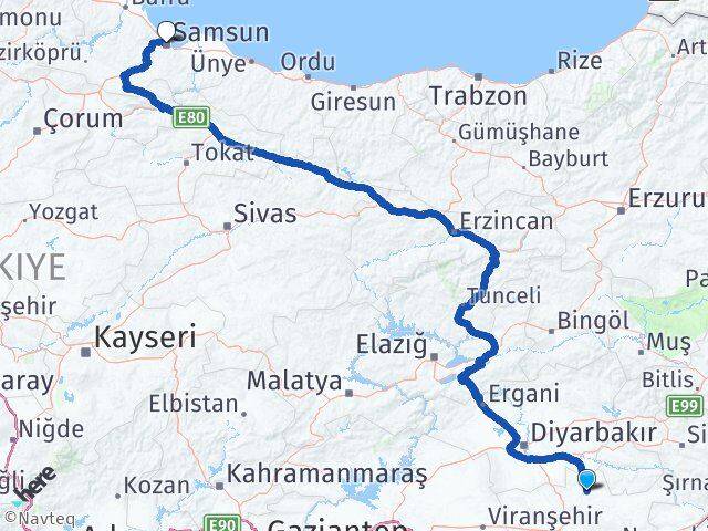Mardin Savur Samsun Arası Kaç Km - Yol Haritası
