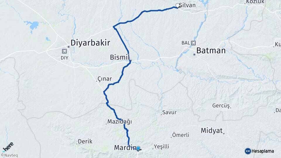 Mardin Silvan Diyarbakır Arası Kaç Km - Yol Haritası