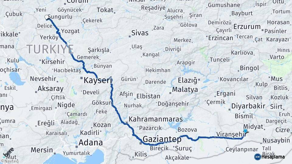 Mardin Sungurlu Çorum Arası Kaç Km - Yol Haritası