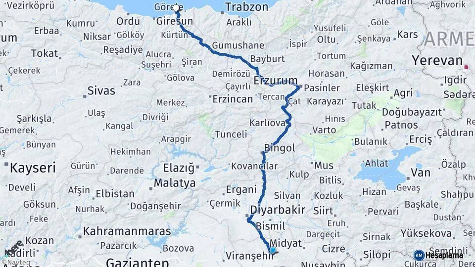 Mardin Tirebolu Giresun Arası Kaç Km - Yol Haritası