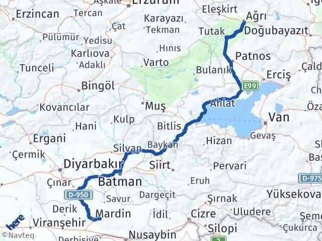 Mardin Yeşilli Ağrı Arası Kaç Km - Yol Haritası