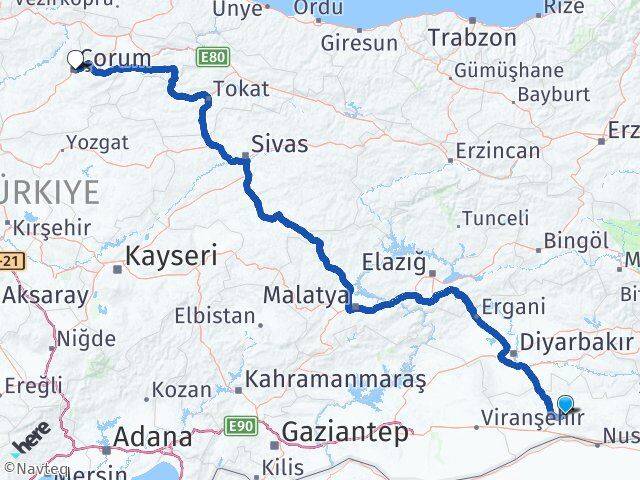Mardin Yeşilli Çorum Arası Kaç Km - Yol Haritası