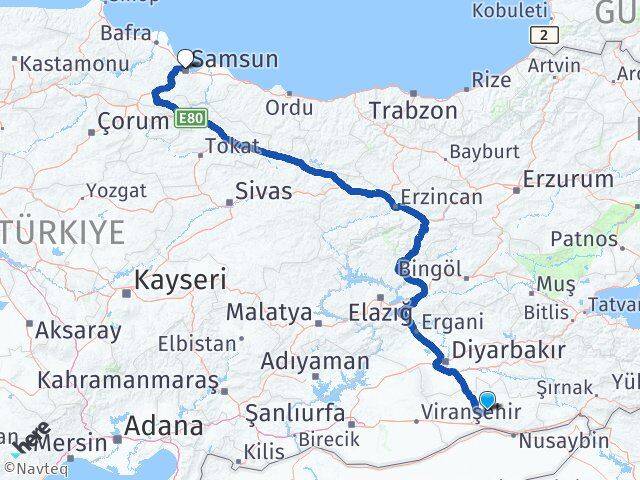 Mardin Yeşilli Samsun Arası Kaç Km - Yol Haritası