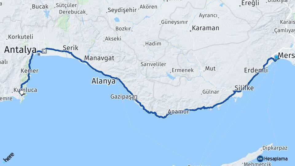 Mersin Adrasan Kumluca Antalya Arası Kaç Km - Yol Haritası
