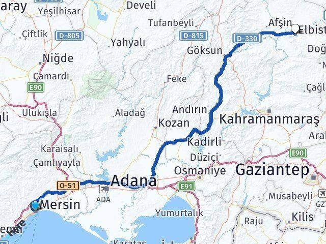 Mersin Akdeniz Elbistan Kahramanmaraş Arası Kaç Km - Yol Haritası