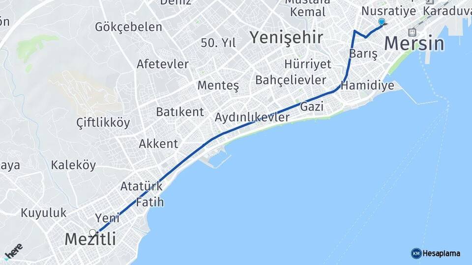 Mersin Akdeniz Mezitli Arası Kaç Km - Yol Haritası