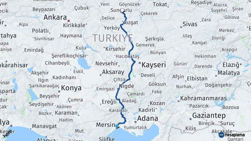 Mersin Alaca Çorum Arası Kaç Km - Yol Haritası