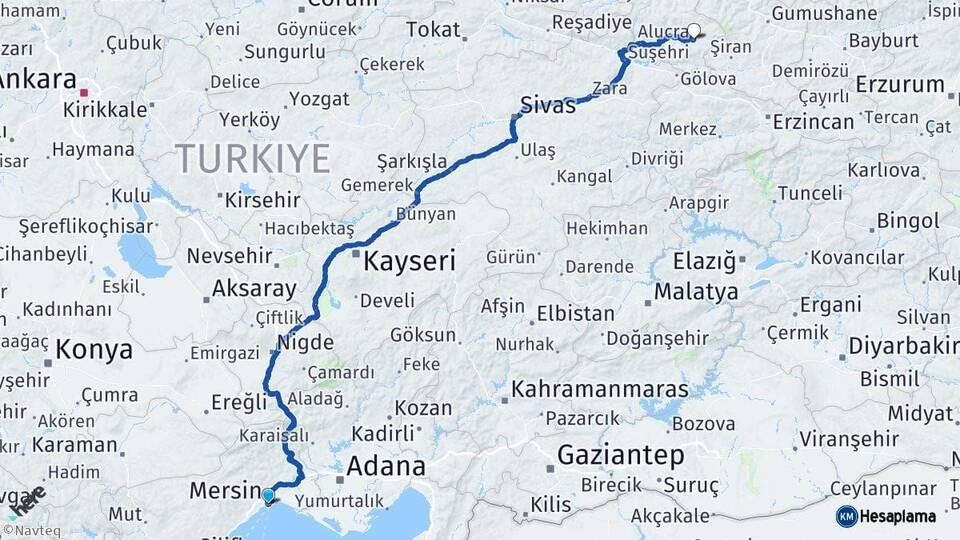 Mersin Alucra Giresun Arası Kaç Km - Yol Haritası