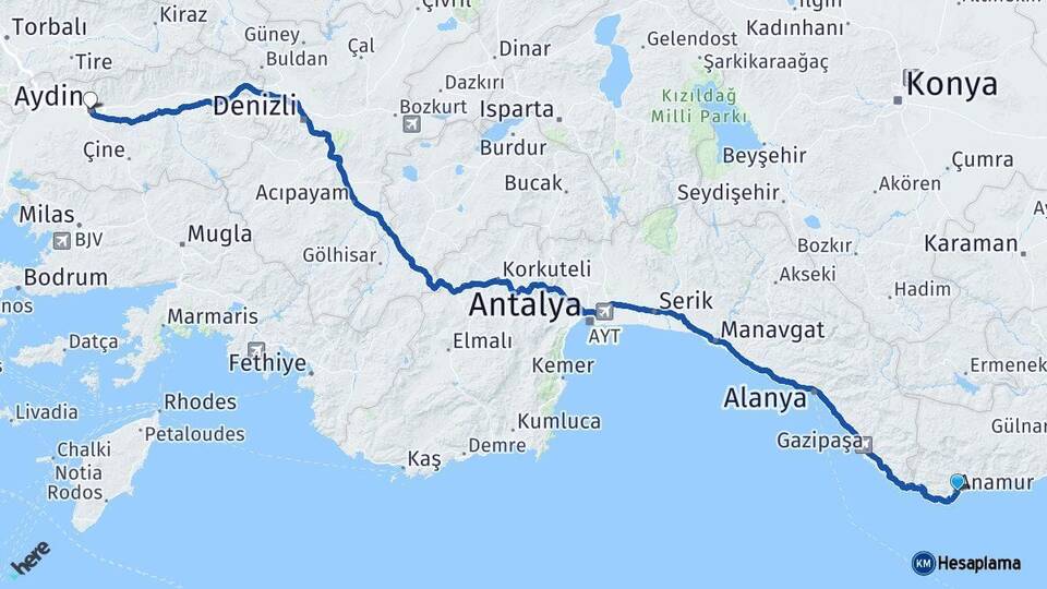 Mersin Anamur Aydın Arası Kaç Km - Yol Haritası