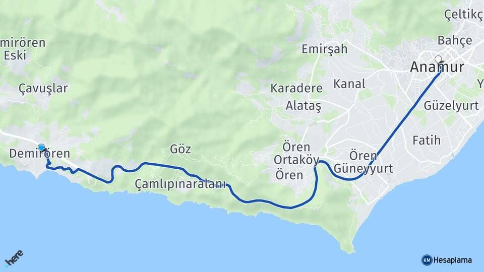 Mersin Anamur Demirören Anamur Arası Kaç Km - Yol Haritası