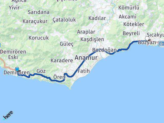 Mersin Anamur Demirören Bozyazı Arası Kaç Km - Yol Haritası