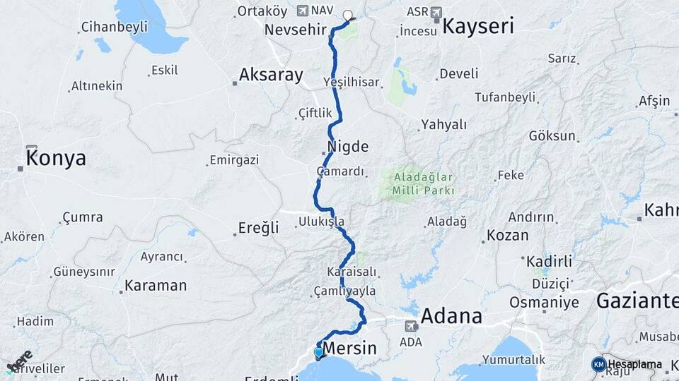 Mersin Avanos Nevşehir Arası Kaç Km - Yol Haritası