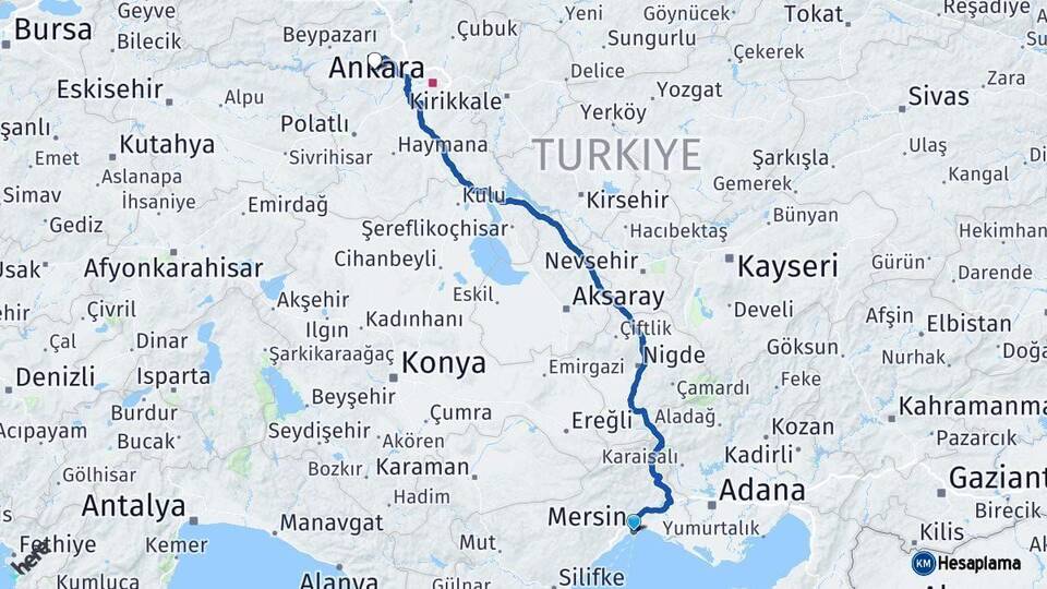 Mersin Ayaş Ankara Arası Kaç Km - Yol Haritası