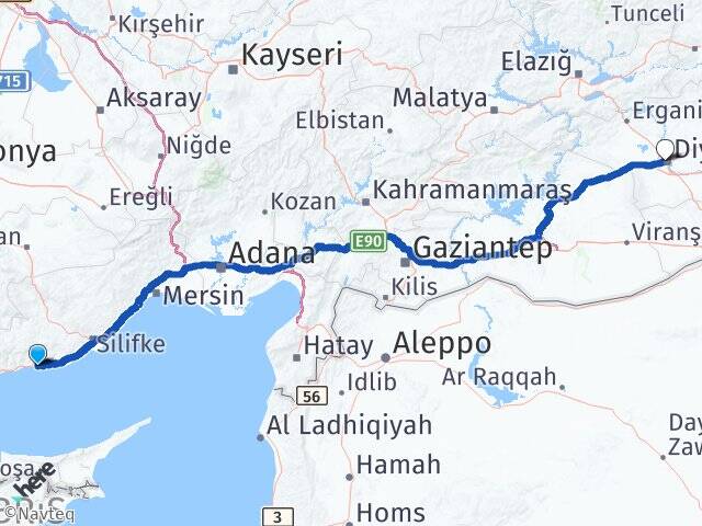 Mersin Aydıncık Bağlar Diyarbakır Arası Kaç Km - Yol Haritası