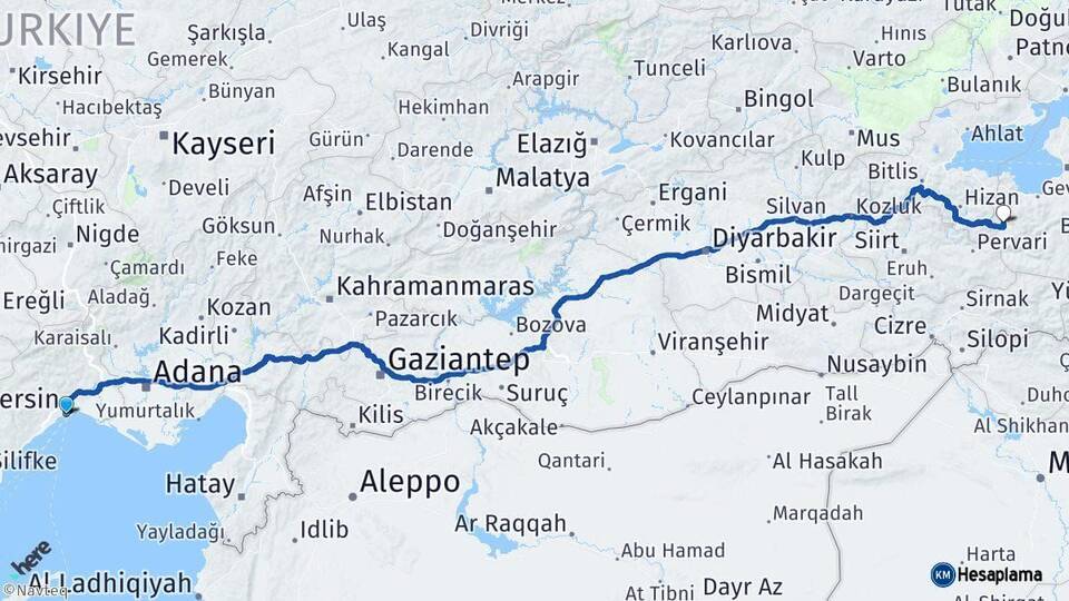 Mersin Bahçesaray Van Arası Kaç Km - Yol Haritası