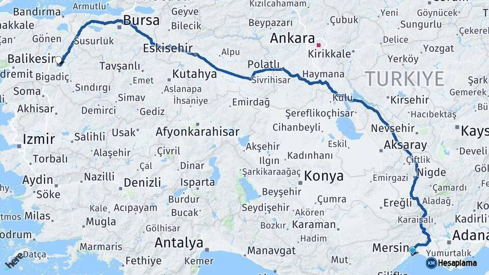 Mersin Balıkesir Arası Kaç Km - Yol Haritası