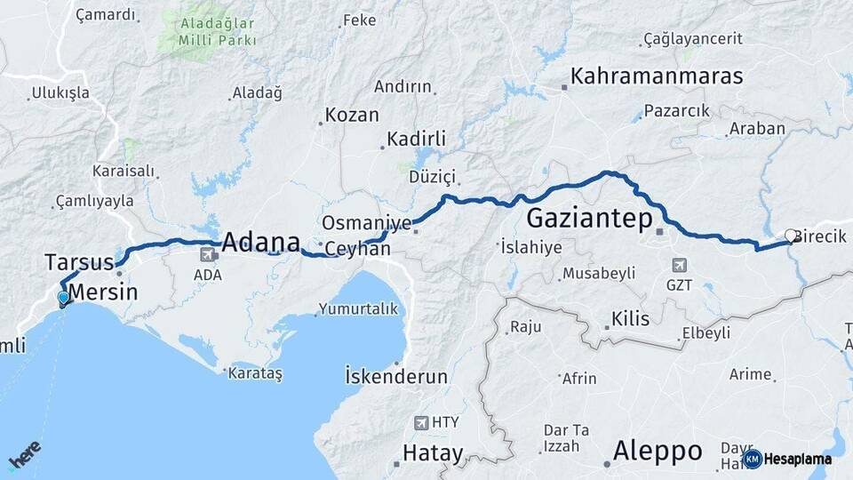 Mersin Birecik Şanlıurfa Arası Kaç Km - Yol Haritası