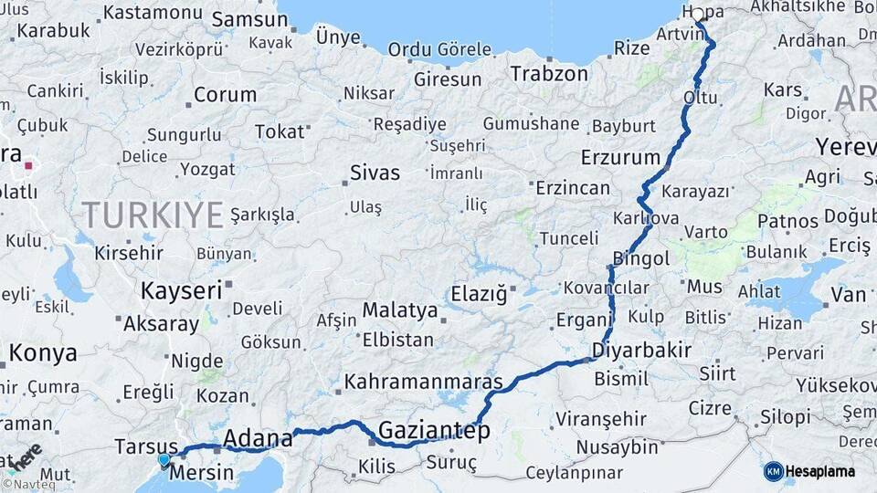 Mersin Borçka Artvin Arası Kaç Km - Yol Haritası