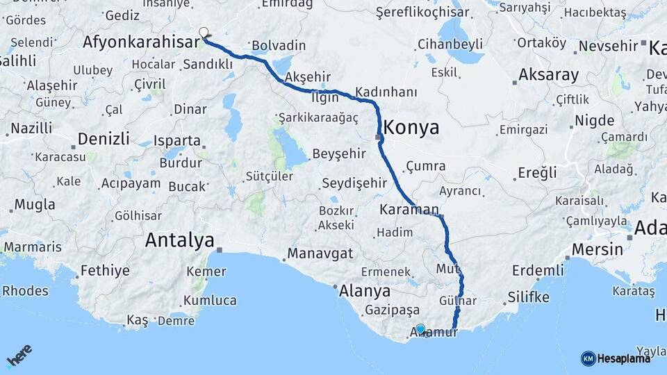 Mersin Bozyazı Afyonkarahisar Arası Kaç Km - Yol Haritası
