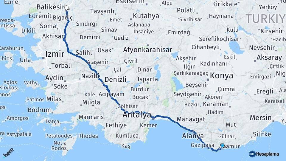 Mersin Bozyazı Balıkesir Arası Kaç Km - Yol Haritası