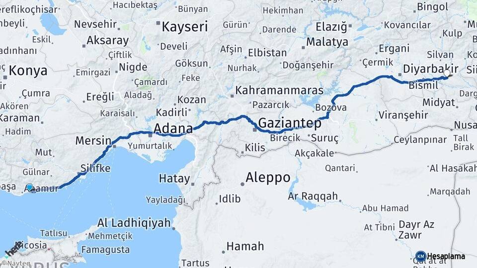 Mersin Bozyazı Batman Arası Kaç Km - Yol Haritası