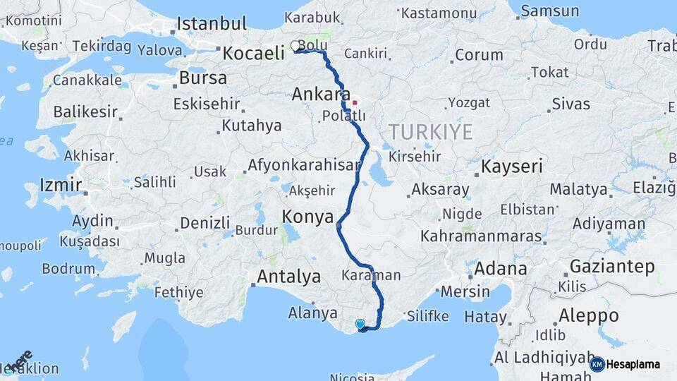 Mersin Bozyazı Bolu Arası Kaç Km - Yol Haritası