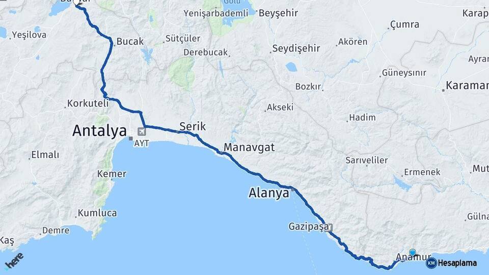 Mersin Bozyazı Burdur Arası Kaç Km - Yol Haritası
