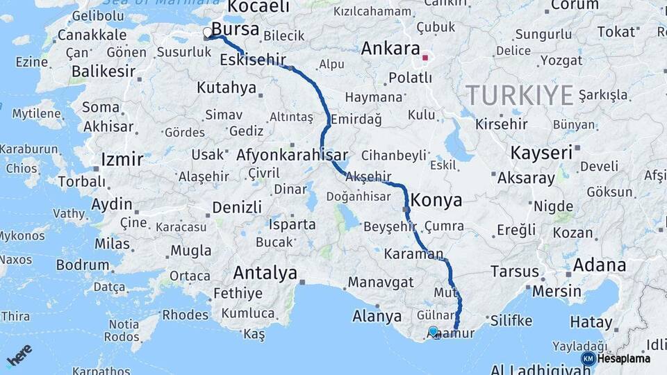 Mersin Bozyazı Bursa Arası Kaç Km - Yol Haritası