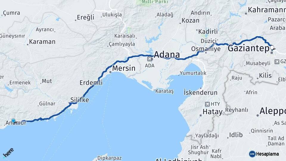 Mersin Bozyazı Gaziantep Arası Kaç Km - Yol Haritası